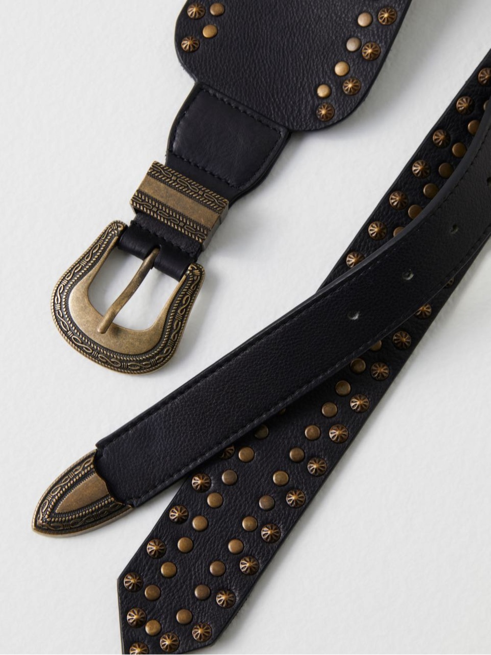 Free People Black Leather Studded Western Belt with Antiqued Gold Buckle - Picture 2 of 7